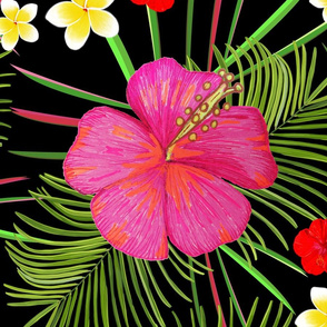 Pink and red hibiscus and frangipani hawiian pattern