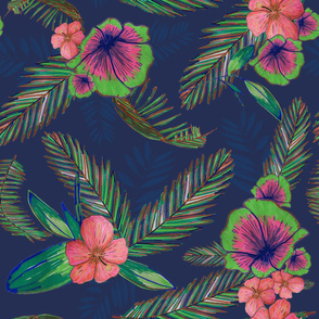 Colorful hand drawn hibiscus and palm leaves artistic pattern