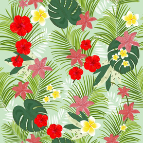 Palm Leaves, Red Hibiscus, Frangipani and Lily. Tropical Pattern