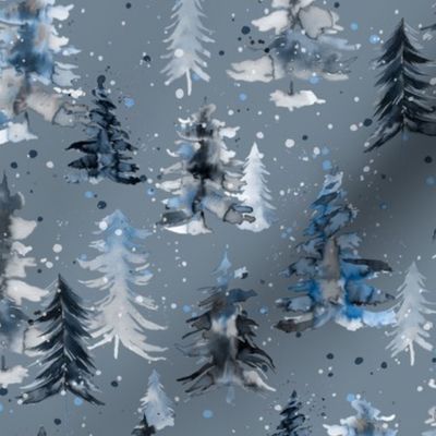 Watercolor winter snowy trees blue gray 