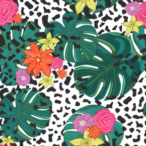 Shining leopard detailed colorful happy tropical flowers vibrant pattern