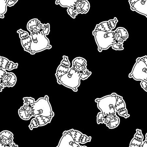 Cute punk rock raccoon monochrome lineart on black background pattern.