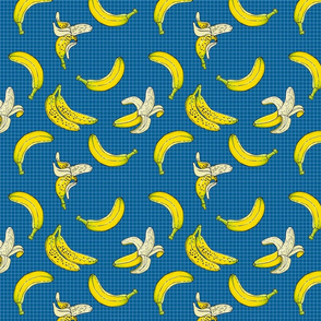 Bananas Fruits Pattern on Blue  Checkered