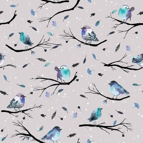 Winter watercolor birds branches Blue Gray