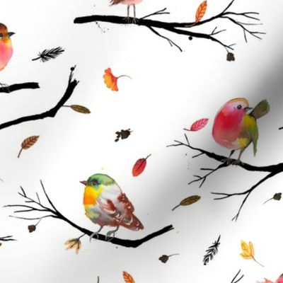 Watercolor Birds branches Autumn Fall Red White