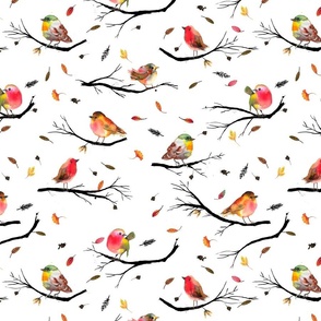 Watercolor Birds branches Autumn Fall Red White