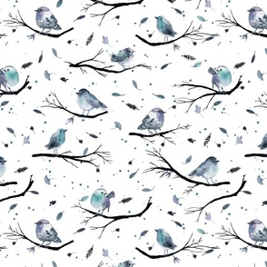 Winter birds branches Blue white