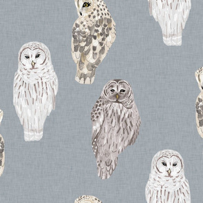 Large Lovely Winter Owls on Grey Linen