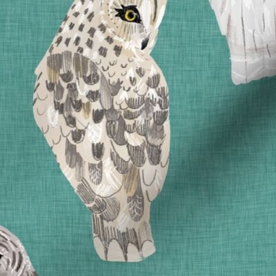 Large Lovely Winter Owls on Teal Linen