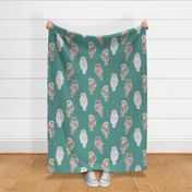 Large Lovely Winter Owls on Teal Linen