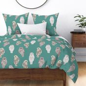 Large Lovely Winter Owls on Teal Linen