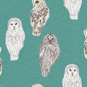 Large Lovely Winter Owls on Teal Linen