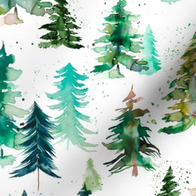 Forest Watercolor Forest pines Forest trees Winter Snow Forest Green