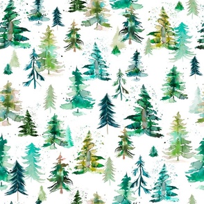 Forest Watercolor Forest pines Forest trees Winter Snow Forest Green