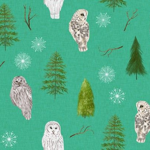 Small Teal Linen Winter Owls and Trees