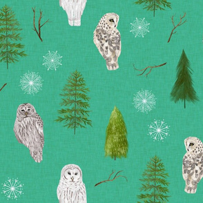 Medium Teal Linen Winter Owls and Trees