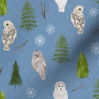 Small Blue Linen Winter Owls and Trees