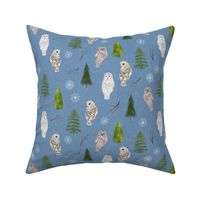 Small Blue Linen Winter Owls and Trees