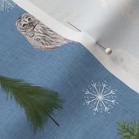 Small Blue Linen Winter Owls and Trees