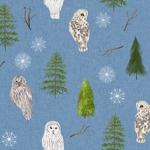 Small Blue Linen Winter Owls and Trees