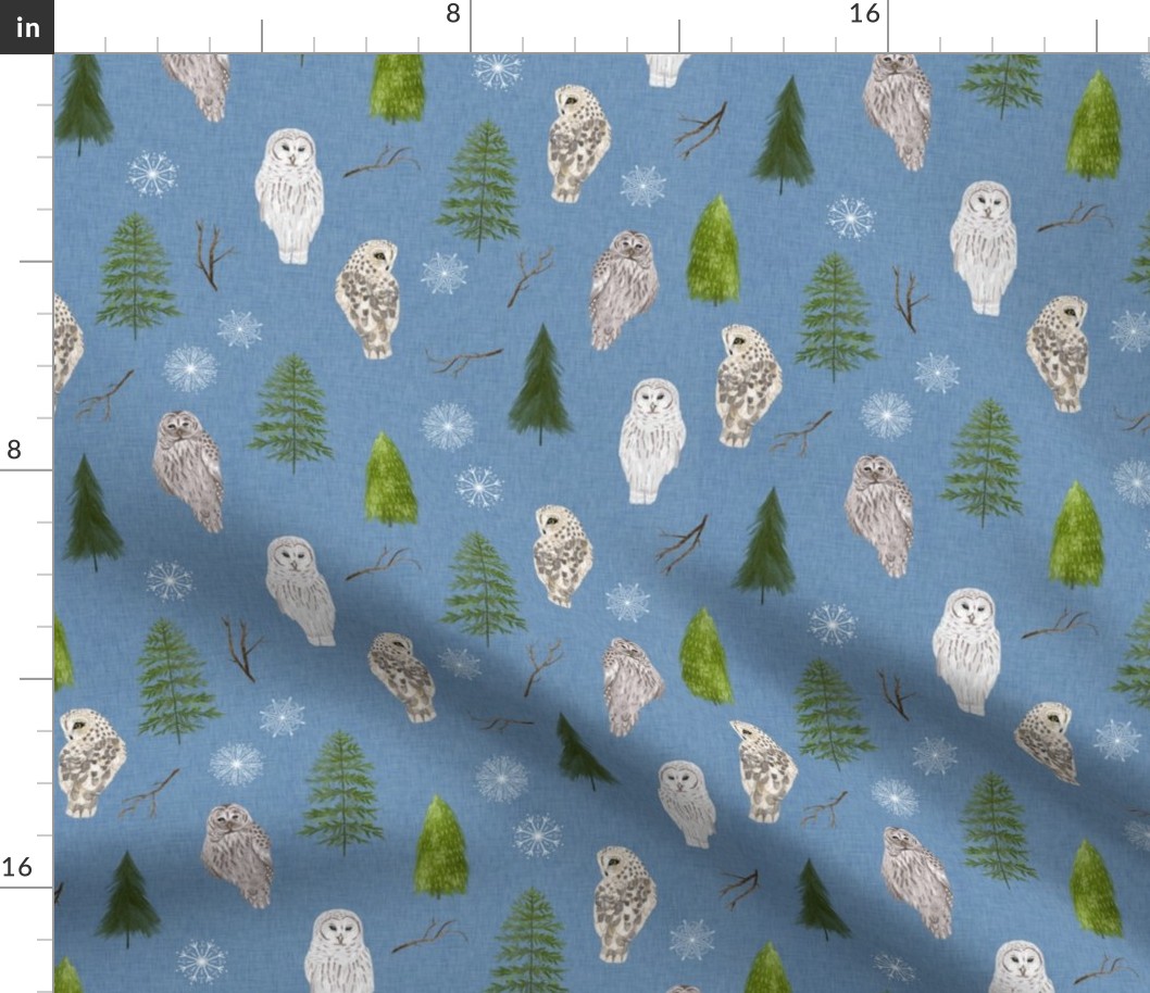 Small Blue Linen Winter Owls and Trees