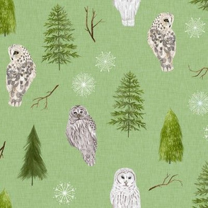 Small Green Linen Winter Owls and Trees