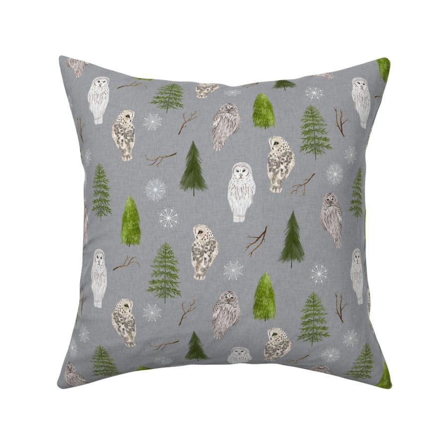 Small Grey Linen Winter Owls and Trees