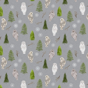 Small Grey Linen Winter Owls and Trees