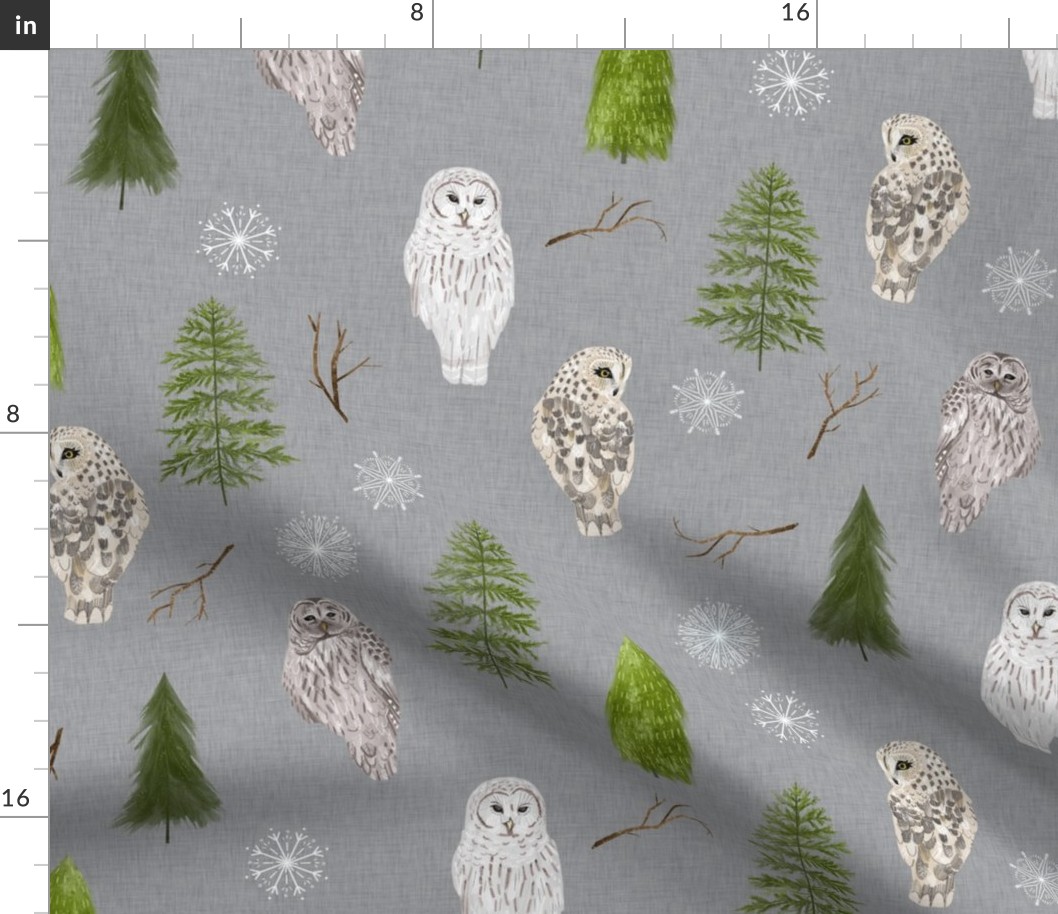 Medium Grey Linen Winter Owls and Trees