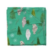 Large Teal Linen Winter Owls and Trees