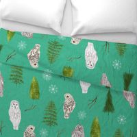Large Teal Linen Winter Owls and Trees