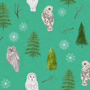 Large Teal Linen Winter Owls and Trees