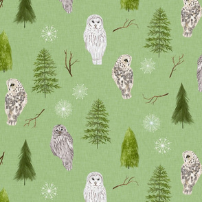 Medium Green Linen Winter Owls and Trees