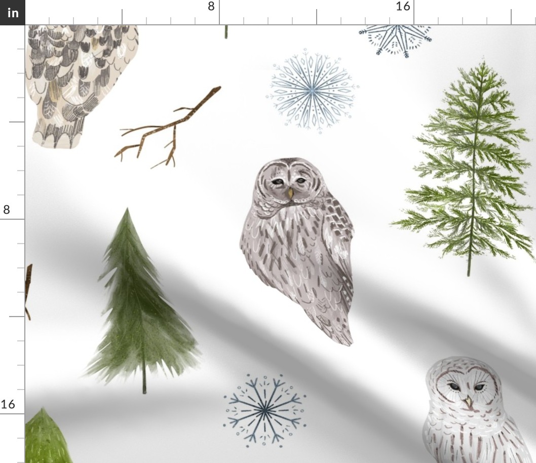 Large Winter Owls and Trees on White