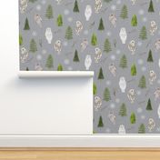 Large Grey Linen Winter Owls and Trees