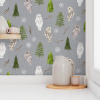 Large Grey Linen Winter Owls and Trees
