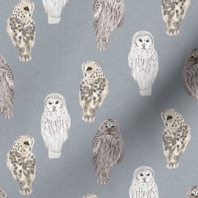 Small Lovely Winter Owls on Grey Linen