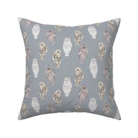 Small Lovely Winter Owls on Grey Linen