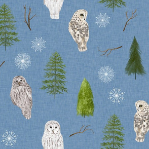 Medium Blue Linen Winter Owls and Trees