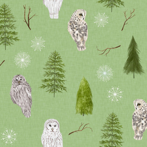 Large Green Linen Winter Owls and Trees