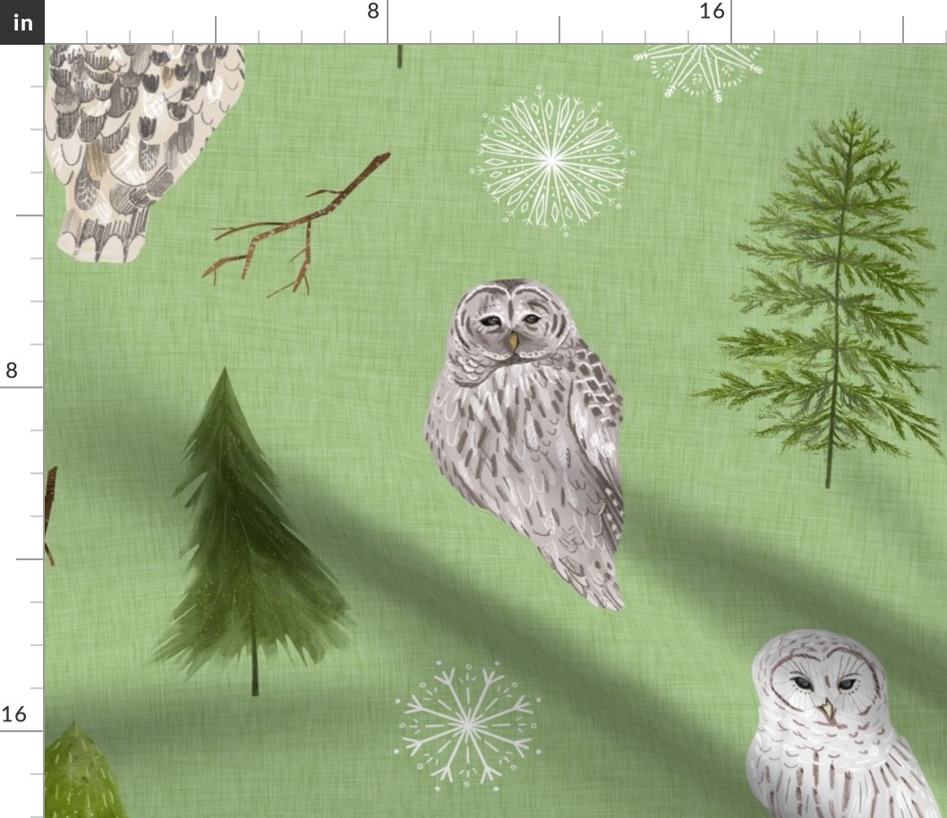 Large Green Linen Winter Owls and Trees