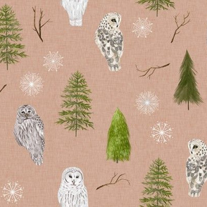 Small Blush Linen Winter Owls and Trees