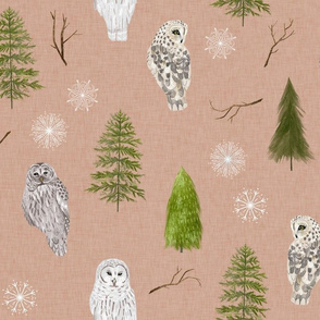 Medium Blush Linen Winter Owls and Trees