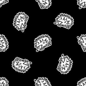 Cute punk rock hedgehog monochrome lineart on black background pattern.