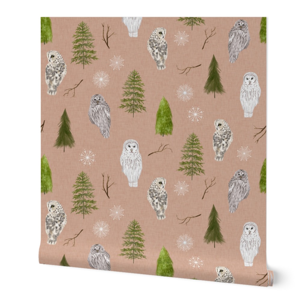 Large Blush Linen Winter Owls and Trees