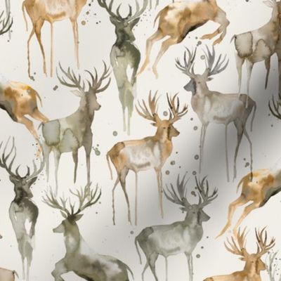 Wintery deers watercolor Gold beige