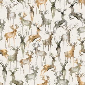 Wintery deers watercolor Gold beige