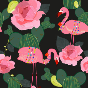 Flamingos pattern. Seamless pattern for textile design. Flamingos. Exotic birds. Hand drawn pink roses with cactus. Tropical vector seamless floral pattern background. Decorative beautiful illustration wallpaper with black background