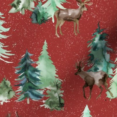 Reindeers in forest Red christmas