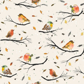 Birds branches Watercolor Fall Autumn Beige